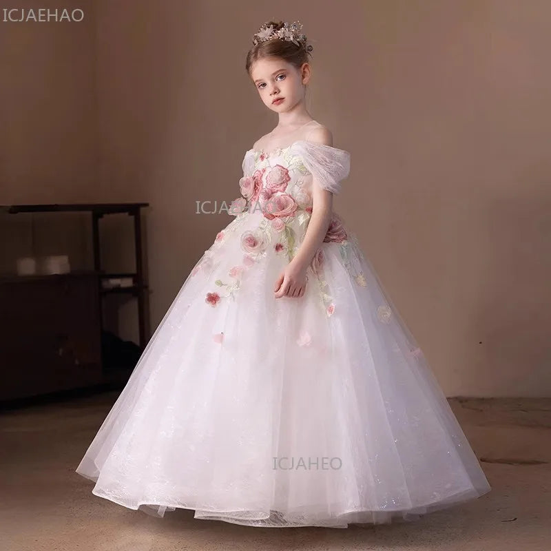 Vestido de Fiesta Blanco para Niña, Modelo 2026, con Flores, para Bodas, Cumpleaños, Eventos, Presentaciones, Piano, Princesa, Celebraciones Formales
