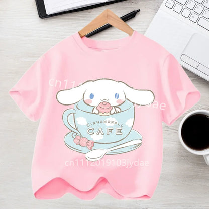 Camiseta de Manga Corta para Niños, Estilo Urbano, Verano 2026, Ropa Casual, Regalo Kawaii, Linda Camiseta de Cinnamoroll para Niña, Camiseta de Algodón con Estampado de Anime