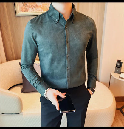 Camisa de ante de alta calidad para hombre, camisas de negocios informales de manga larga para otoño e invierno, blusa de esmoquin para fiesta Social, ropa para hombre 2023