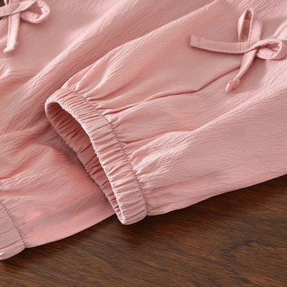 Conjunto de Dos Piezas de Verano para Niña de 3 a 7 Años, Estilo Coreano, Dulce y Lindo, Blusa con Mangas Abullonadas y Lazo + Pantalones