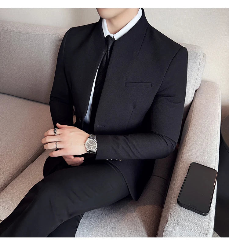 Chaqueta de traje con cuello levantado de alta calidad para hombre, chaquetas de negocios informales, abrigo coreano con gofres para boda, novio, banquete, vestido de fiesta, 2025