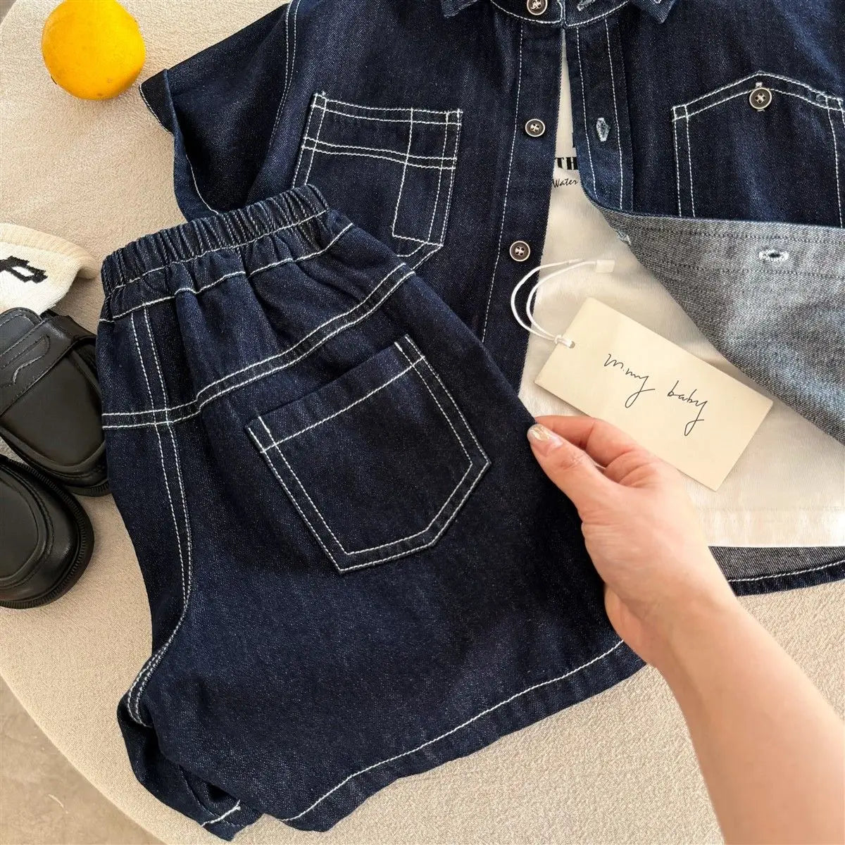 Conjunto de dos piezas de mezclilla de verano para niños de 2 a 10 años, camisa de hilo brillante + pantalones cortos para niña, conjunto de camisa fina para bebé, verano 2026