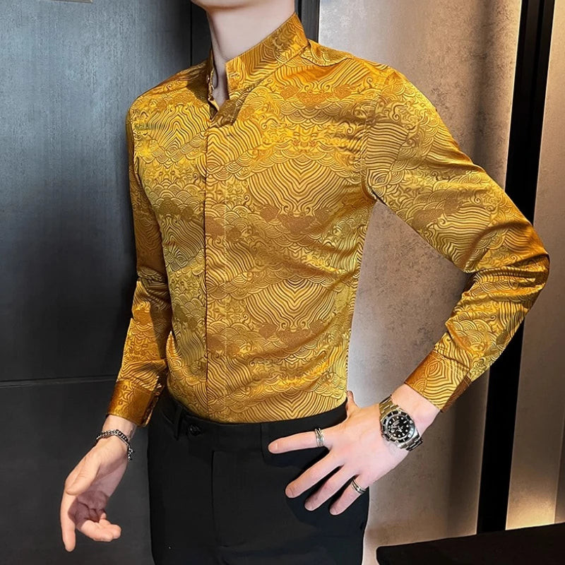 Camisas estampadas de manga larga con cuello levantado para primavera y otoño, camisa informal de moda para hombre de estilo chino Formal Social de negocios