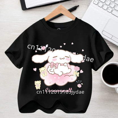 Camiseta de Manga Corta para Niños, Estilo Urbano, Verano 2026, Ropa Casual, Regalo Kawaii, Linda Camiseta de Cinnamoroll para Niña, Camiseta de Algodón con Estampado de Anime