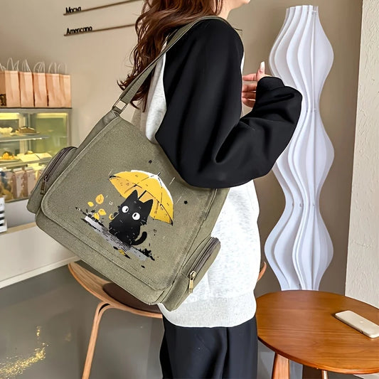 Bolso Vintage de lona para mujer, bolso de hombro con estampado de gato encantador de gran capacidad, bolso de libros para estudiantes