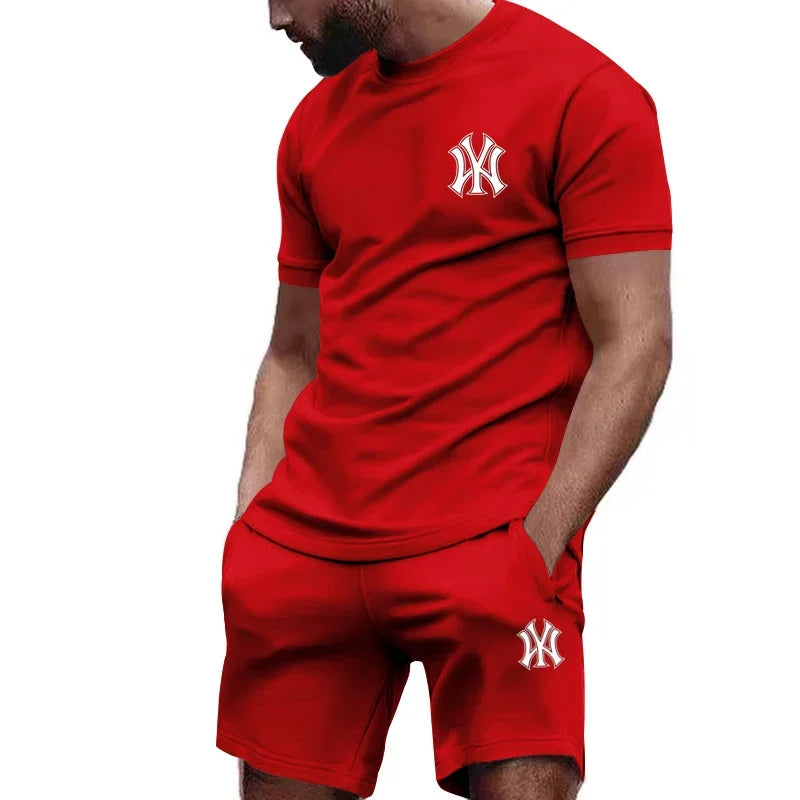 Nueva ropa deportiva de dos piezas para hombre, conjunto de camiseta y pantalones de manga corta, ropa deportiva para correr y fitness, superventas, 2025, verano