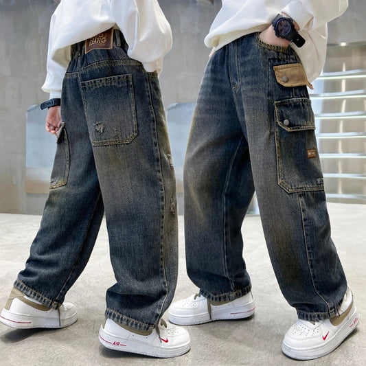 Pantalones vaqueros desgastados coreanos para niños con bolsillo para adolescentes pantalones vaqueros rectos sueltos nuevos pantalones Retro de moda de diseñador para niños