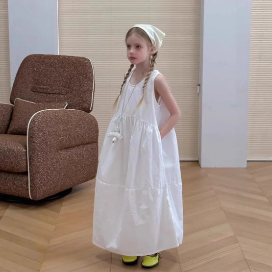 Vestido Blanco de Algodón para Niñas, Verano 2026, Ropa Casual Infantil, Vestido sin Mangas, Mediano y Largo