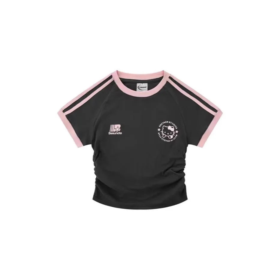 Sanrios HelloKitty, Camiseta de manga corta para niña, Camiseta de algodón puro con dibujos animados de primavera y verano, chaqueta para chicas calientes a rayas Kawaii Y2K para niños