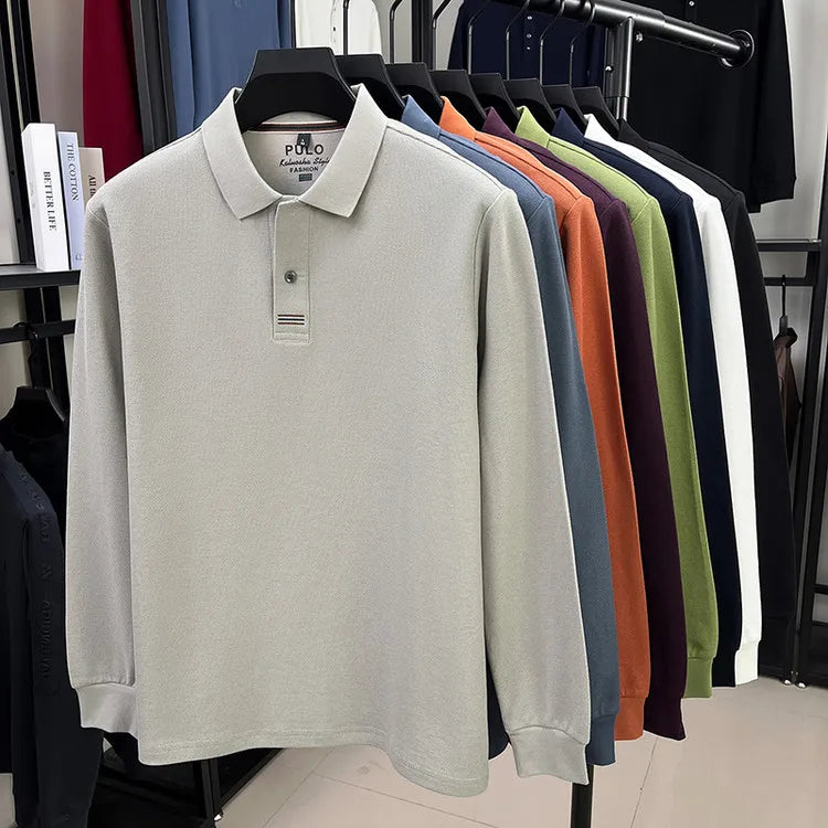 Polo de manga larga de otoño 2025 para hombre, 100% algodón transpirable, estilo informal de negocios con cuello de algodón clásico