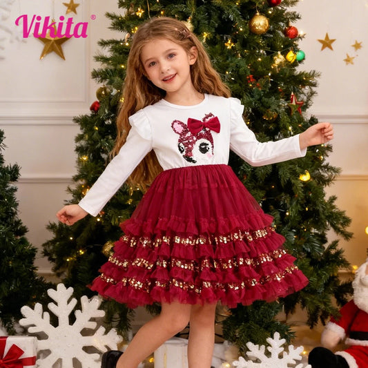 VIKITA vestido de Navidad para niñas, ropa de Año Nuevo, tutú de princesa, fiesta de cumpleaños, Vestidos Rojos de lentejuelas de alce