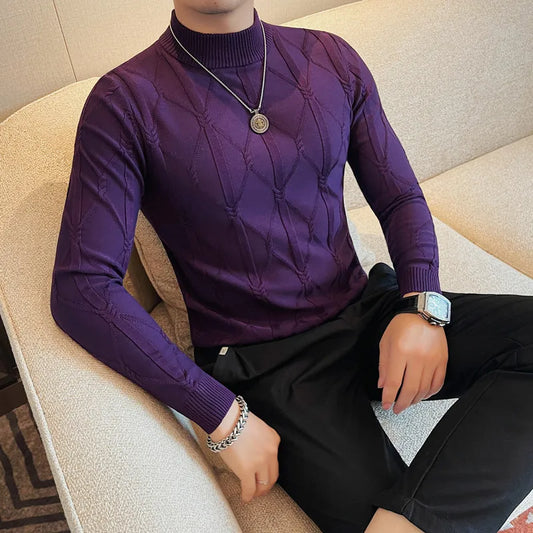 Otoño Invierno coreano Jacquard medio suéter de cuello alto para hombres Slim Fit Casual suéter de punto moda cálido jerseys de punto