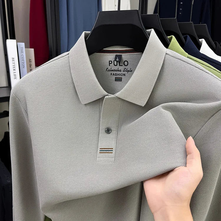 Polo de manga larga de otoño 2025 para hombre, 100% algodón transpirable, estilo informal de negocios con cuello de algodón clásico