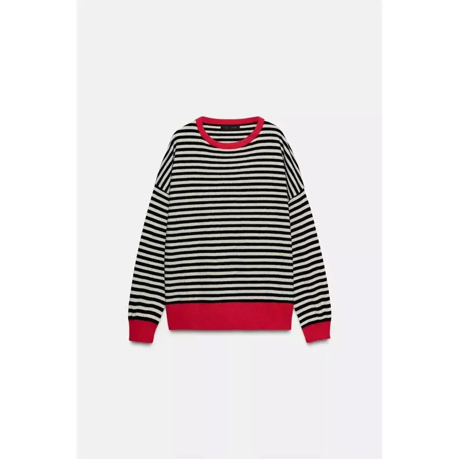 Suéter de punto informal y versátil de manga larga con cuello redondo para mujer, estilo universitario, con patrón de rayas, ...