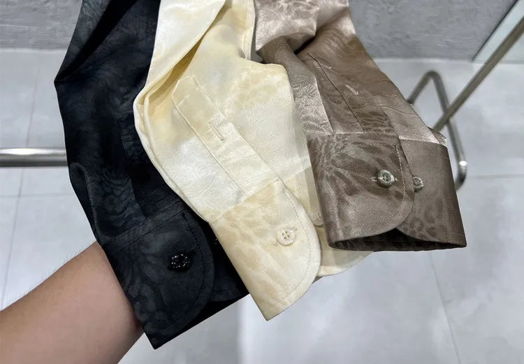 Camisa de manga larga de seda de imitación para hombre, camisa informal estampada de Color degradado a la moda, ropa Social de negocios, ropa de calle para hombre