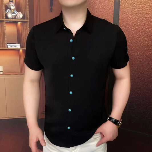 Camisa de manga corta de estilo británico para hombre, diseño de botones personalizado, camisa de negocios informal, ropa de calle Social delgada, ropa para hombre