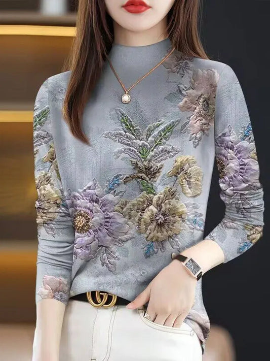 Blusa Casual Elegante para Mujer – Cuello Semi Alto, Manga Larga y Corte Ajustado