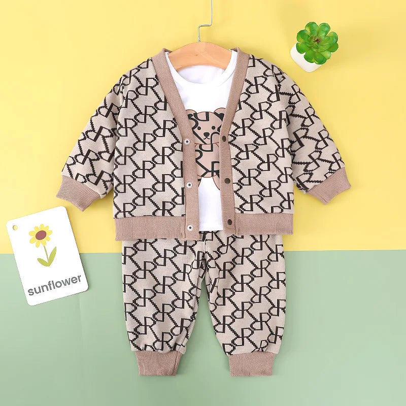 Conjunto de ropa vintage de otoño para bebé, trajes de 3 piezas para niños y niñas, cárdigan de algodón, pantalones y top, perfecto para niños pequeños de 9 a 3 años