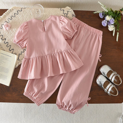 Conjunto de Dos Piezas de Verano para Niña de 3 a 7 Años, Estilo Coreano, Dulce y Lindo, Blusa con Mangas Abullonadas y Lazo + Pantalones