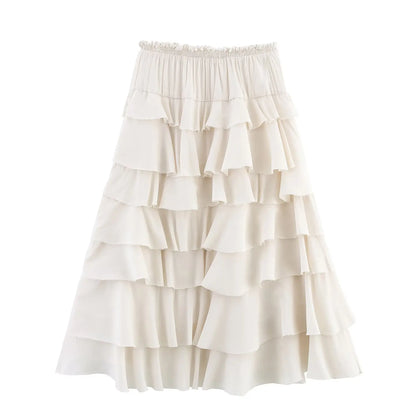 Falda Midi Decorada a Capas de Moda, Novedad de Primavera, Falda Casual de Poliéster de Cintura Alta para Mujer, Corte Holgado