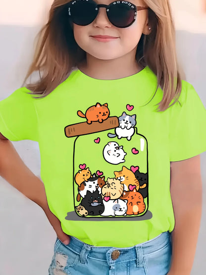 Camiseta de manga corta con cuello redondo de algodón para niñas, moda de verano, con estampado de gato en un frasco, top informal y versátil, ropa de moda
