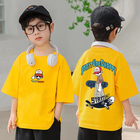 Camiseta con estampado de niño skater, camiseta informal de algodón de verano, cómoda, de manga corta, para niños