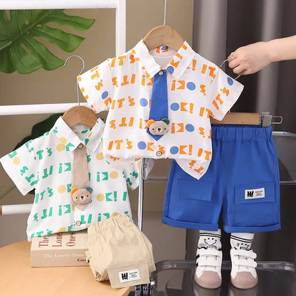 Nueva ropa informal para niños, traje de verano para niños y niñas, camisa con letras estampadas, pantalones cortos, 2 unids/set, ropa para niños pequeños de 0 a 5 años