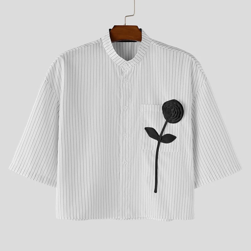 INCERUN-Camiseta para hombre con cuello alto y manga corta, Tops cortos a rayas con diseño de patchwork, ropa informal de verano holgada, ropa de moda para hombre 2026