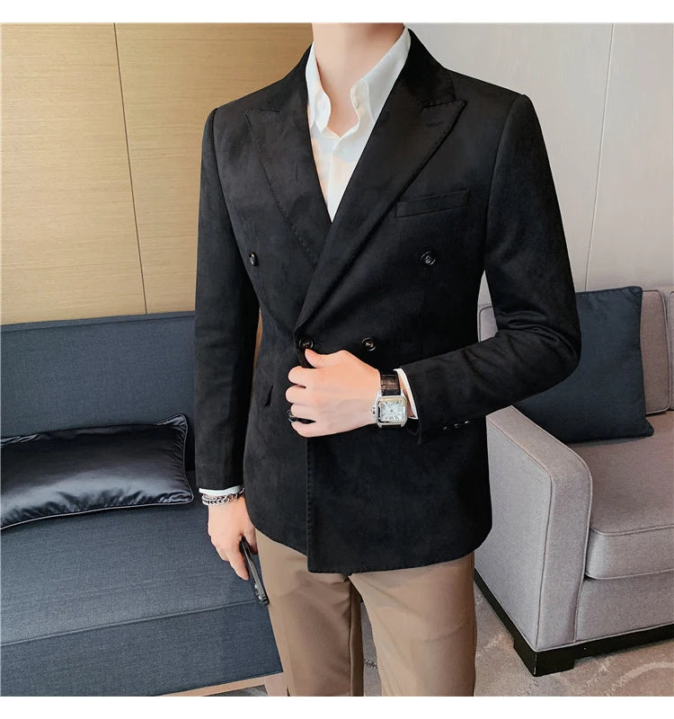 Chaqueta de ante con botones de doble botonadura para hombre, traje de negocios informal, ropa de calle Social, otoño e invierno, 2023