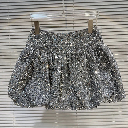 Falda corta de lentejuelas para niñas, falda corta de cintura elástica con lentejuelas brillantes y brotes de flores pesadas, primavera 2025