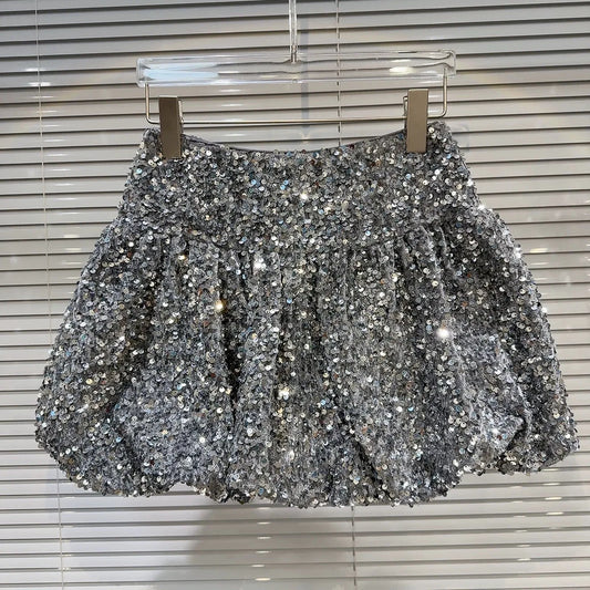 Falda corta de lentejuelas para niñas, falda corta de cintura elástica con lentejuelas brillantes y brotes de flores pesadas, primavera 2025