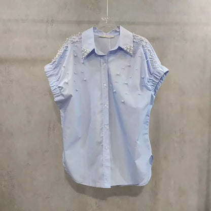 Blusas de manga corta de algodón con cuentas de perlas, camisas para mujer, novedad de verano, primavera 2021, tendencia de moda, Tops informales sueltos, Blusas