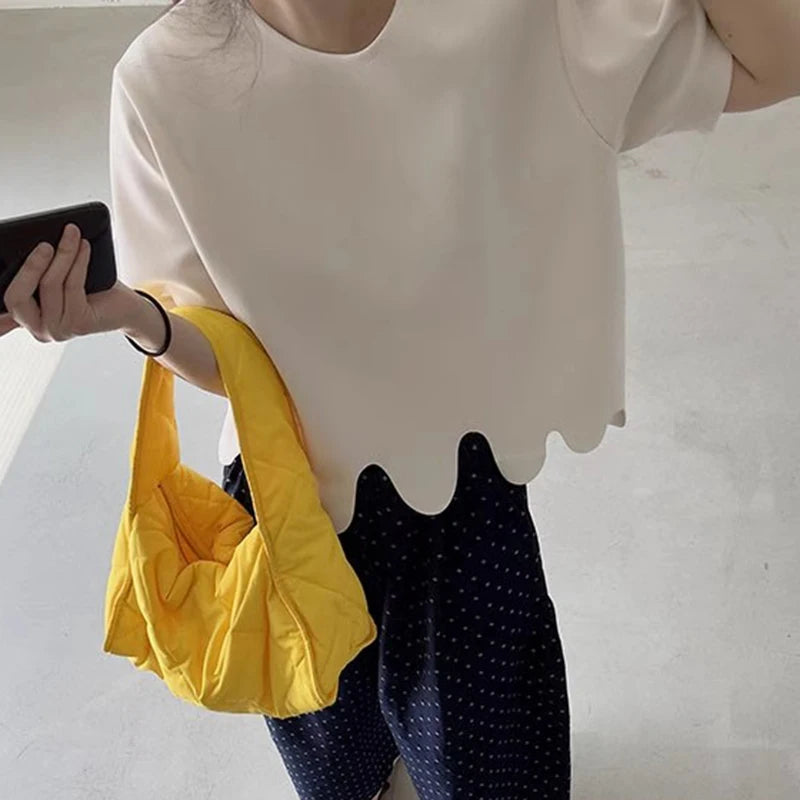 Camisetas de verano de moda coreana, camiseta informal de manga corta con cuello redondo y patrón de onda Irregular, camisetas simples