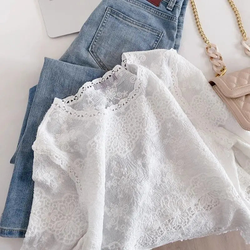 Blusas de algodón de primavera para mujer, camisas elegantes de manga larga caladas con encaje de ganchillo