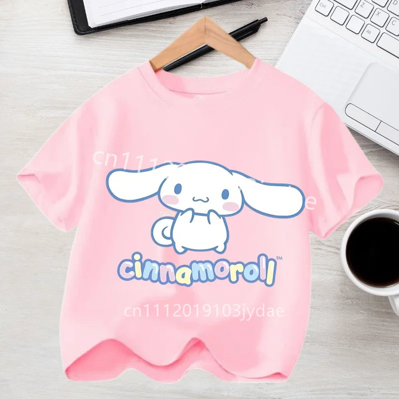 Camiseta de Manga Corta para Niños, Estilo Urbano, Verano 2026, Ropa Casual, Regalo Kawaii, Linda Camiseta de Cinnamoroll para Niña, Camiseta de Algodón con Estampado de Anime