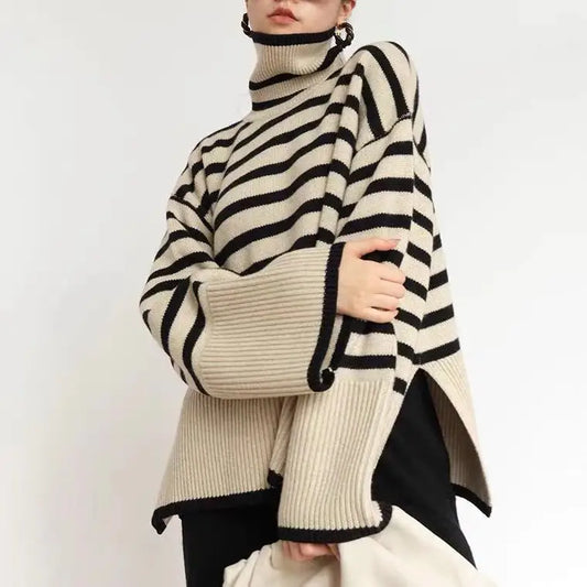 Suéter Holgado de Punto con Cuello Alto y Rayas, Estilo Urbano, de Algodón, Manga Larga, para Otoño e Invierno, Moda Femenina...