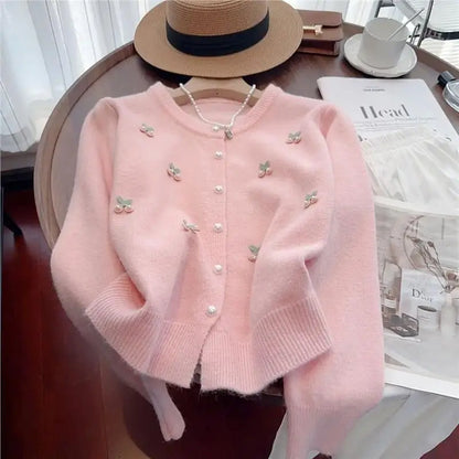 Cárdigan de punto suave y dulce para mujer, cuello redondo, versátil, estilo coreano, suéter de manga larga, abrigo, moda de ...