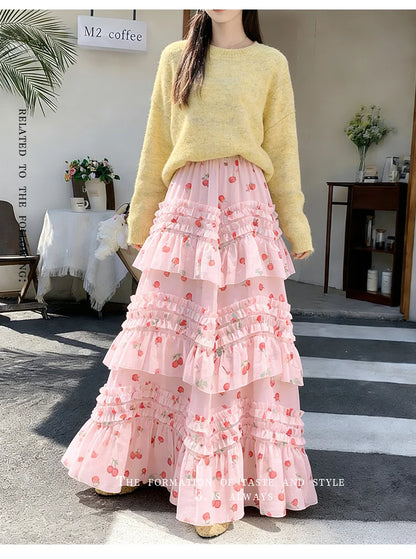 Primavera Verano 2026 Falda Larga de Tul Estampada de Cintura Alta con Empalmes Asimétricos, Falda de Pastel Colorida, Estilo...