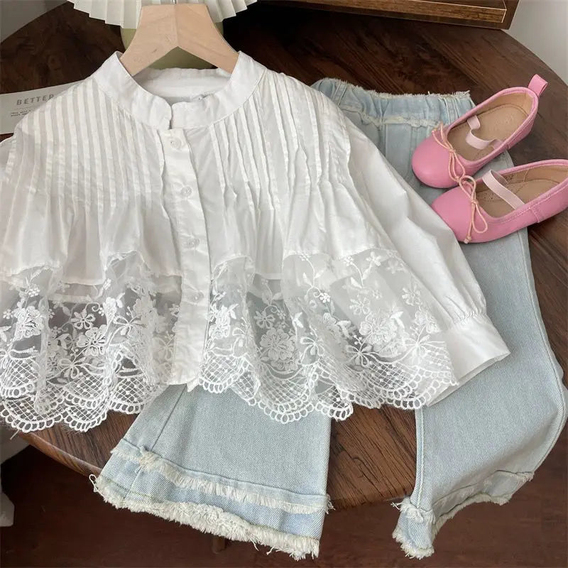 Conjunto de Dos Piezas de Camisa Blanca de Encaje y Jeans para Niñas, Primavera y Otoño 2026, Ropa de Princesa para Bebés y Niñas Pequeñas, Primavera/Verano