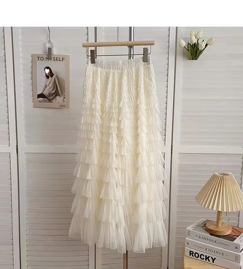 Falda larga de tul de talla grande para mujer, cintura alta, estilo A, con capas, elegante, para 200 libras, estilo coreano, ...