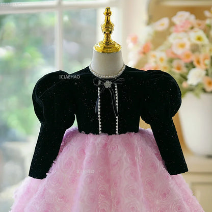 Vestido de novia de niña de flores de manga larga para niños, vestido de princesa para 1er cumpleaños, Piano, Recital, fiesta de cumpleaños, ropa Formal