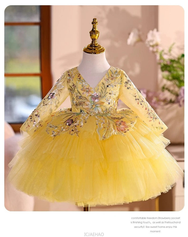 2025 Vestido de fiesta Vestido niños niñas vestidos de novia amarillos disfraz niños flor niña desfile Piano actuación tutú traje