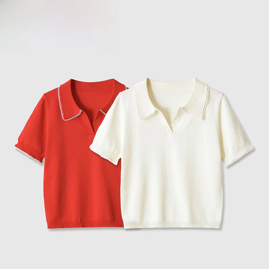 Blusa Polo Elegante para Mujer – Detalles de Encaje y Estilo Casual Chica