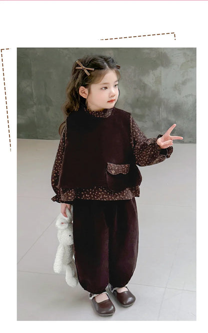 Ropa de moda para niñas 2025, otoño, nueva camisa Floral, chaleco y pantalones de Color sólido, conjunto de 3 piezas de pana