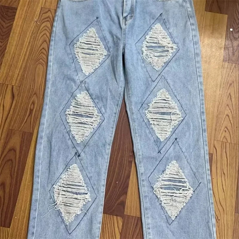 Pantalones Vaqueros Anchos Rotos de Moda Urbana para Hombre, Estilo Americano Casual Retro, Pierna Recta, Denim, Hip Hop, Desgastados, Y2K