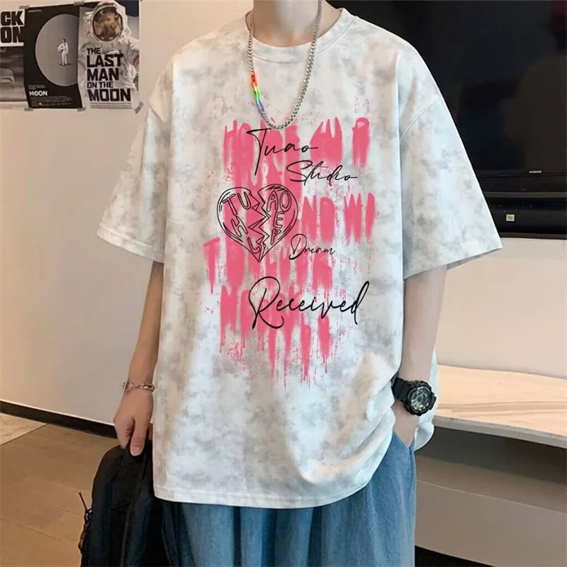 Camisetas de Verano 2026 para Hombre con Estampado Tie-Dye y Gráficos de Graffiti, Camisetas Oversize Juveniles con Estampado de Letras, Tops de Moda Urbana con Contraste de Color