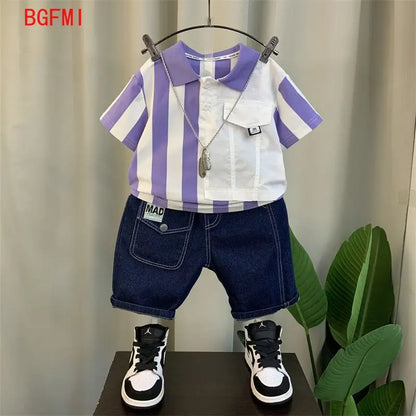 Conjunto de dos piezas de manga corta para niño adolescente, Polo a rayas, pantalones cortos Vaqueros, ropa coreana, verano, nuevo, 2-11 años