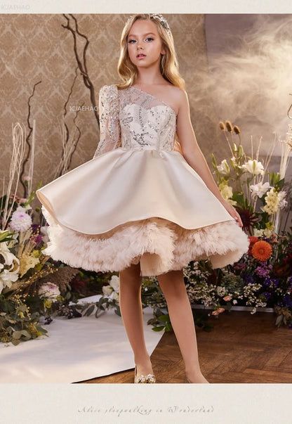 2026 nuevo vestido para niños vestido de princesa con lentejuelas un hombro falda acampanada con lazo Patchwork niños niñas traje Formal de celebración de fiesta
