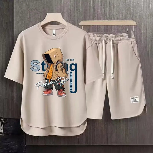 Conjunto deportivo de 2 piezas para hombre, Camiseta con estampado de dibujos animados, pantalones cortos, transpirable, color caqui, tendencia americana, Verano