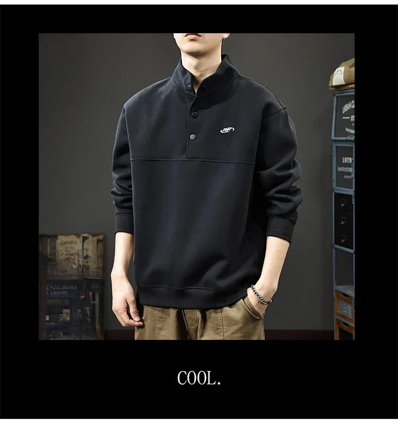 Otoño de los hombres de la letra impresa botón sudadera Stand Collar Patchwork pulóver sudaderas con capucha 2025 nuevo Casual Y2K manga larga Sudaderas